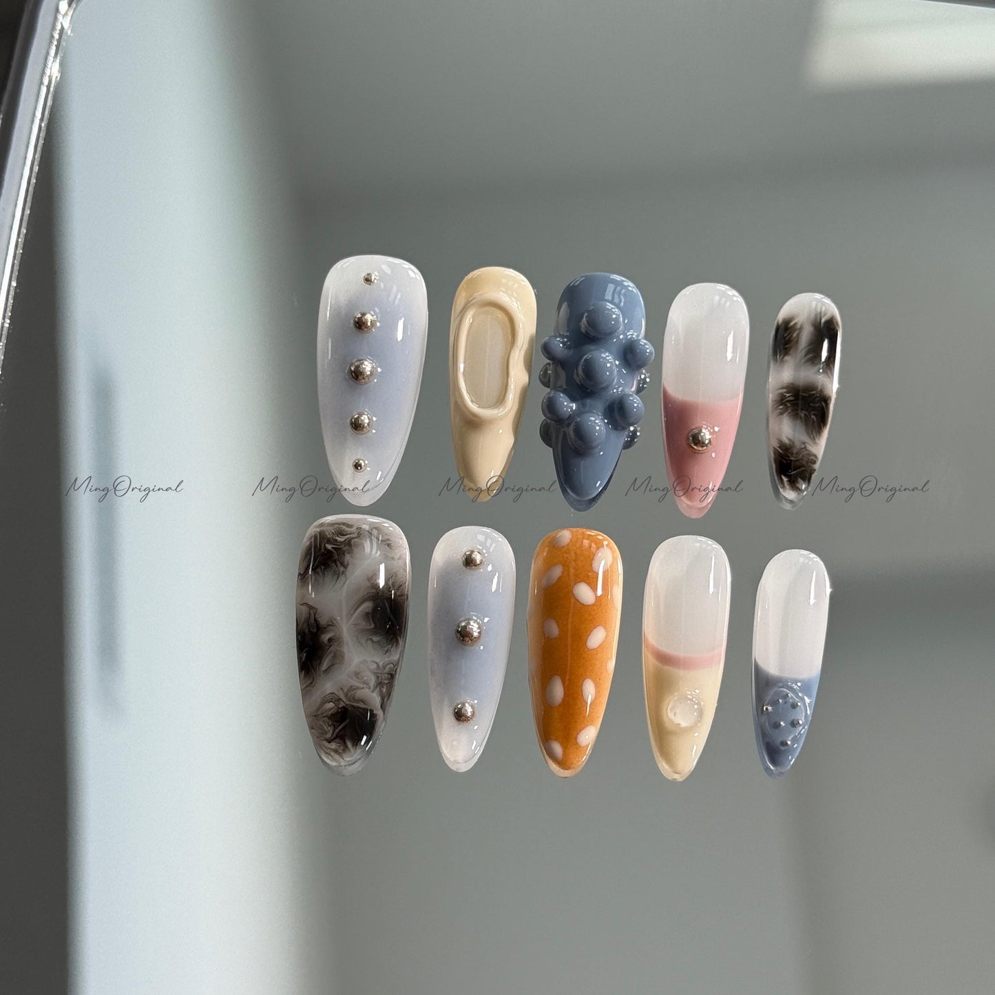 Soft Pastel and Smoke Mixed Press on Nails, blue beige pink, 3D texture, smoky marble, silver studs, sika deer pattern, MO676