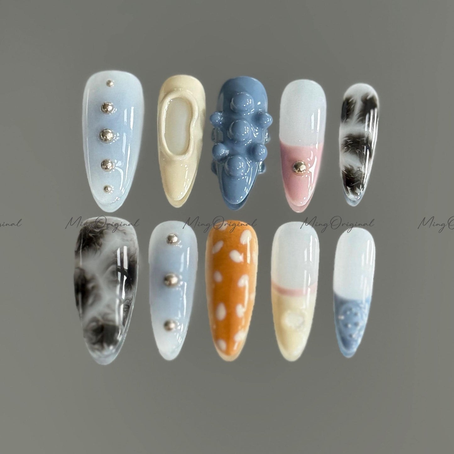 Soft Pastel and Smoke Mixed Press on Nails, blue beige pink, 3D texture, smoky marble, silver studs, sika deer pattern, MO676