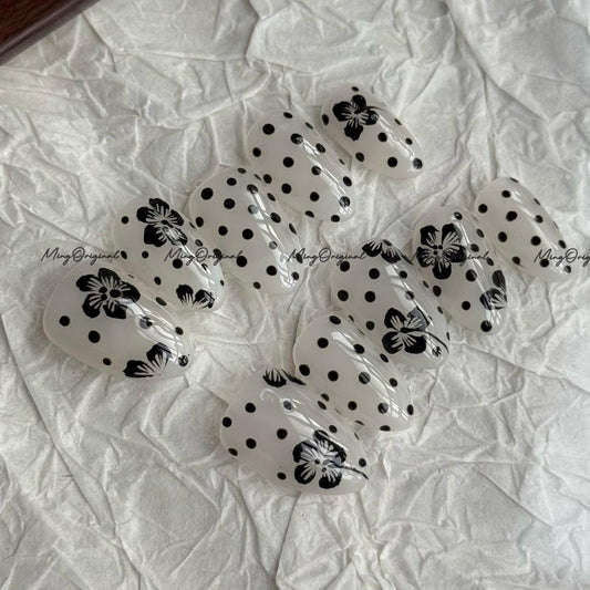 Milky Polka Dots French Tip press on nails, simple flower design, classic vintage style black and white nail, gift for her, MO667