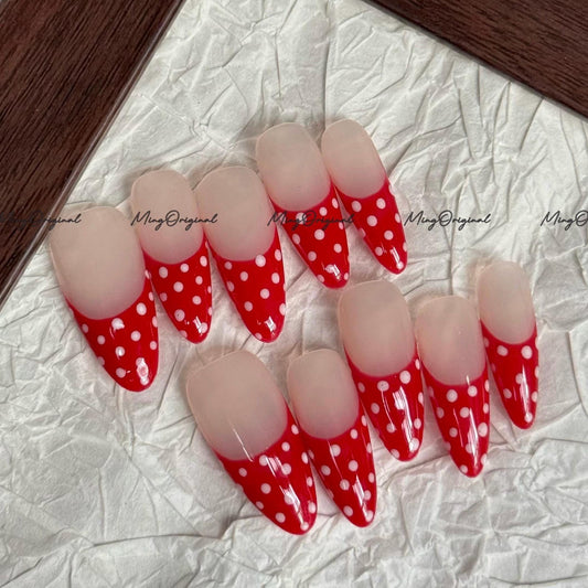Red Polka dots french tip press on nails, cute dot design, vintage style red nail, jelly nail, valentine girly gift for her, MO668