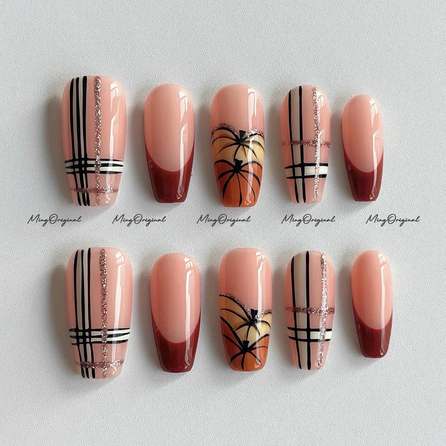 Halloween vibe press on nails, plaid nail, pumpkin theme, pumpkin color spooky season sparkling Gothic nail art, MO671