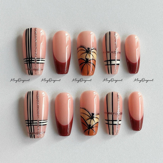 Halloween vibe press on nails, plaid nail, pumpkin theme, pumpkin color spooky season sparkling Gothic nail art, MO671