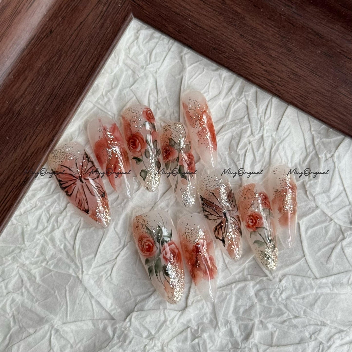 Water color Red Rose Flower and butterfly art nail, premium salon Press on Nail, Handmade gel Nails, hand painted MO675