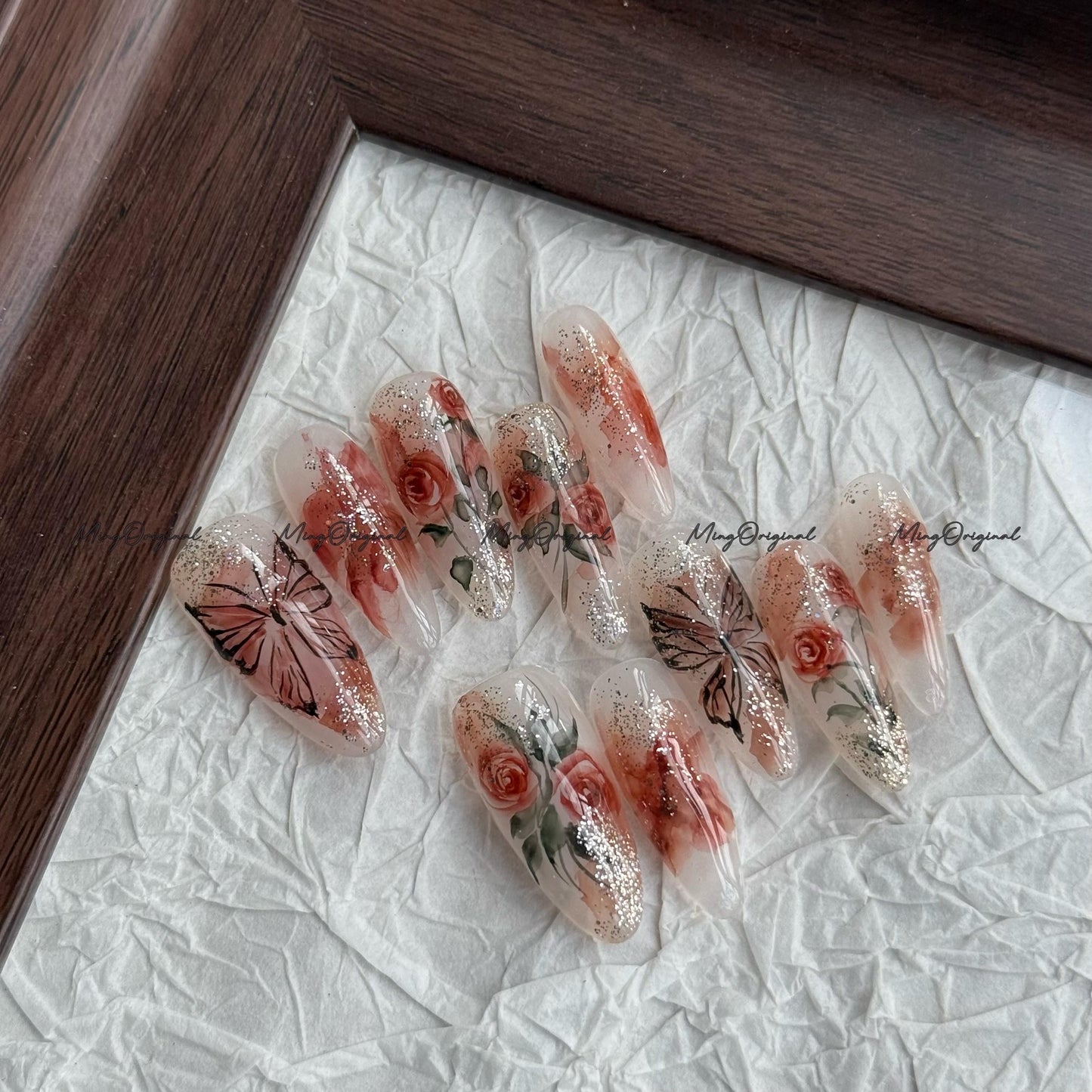 Water color Red Rose Flower and butterfly art nail, premium salon Press on Nail, Handmade gel Nails, hand painted MO675