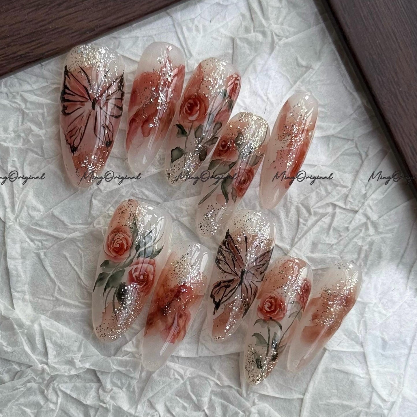 Water color Red Rose Flower and butterfly art nail, premium salon Press on Nail, Handmade gel Nails, hand painted MO675