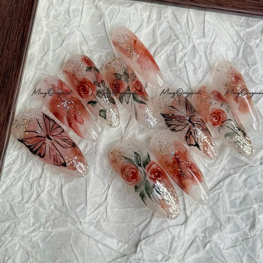 Water color Red Rose Flower and butterfly art nail, premium salon Press on Nail, Handmade gel Nails, hand painted MO675
