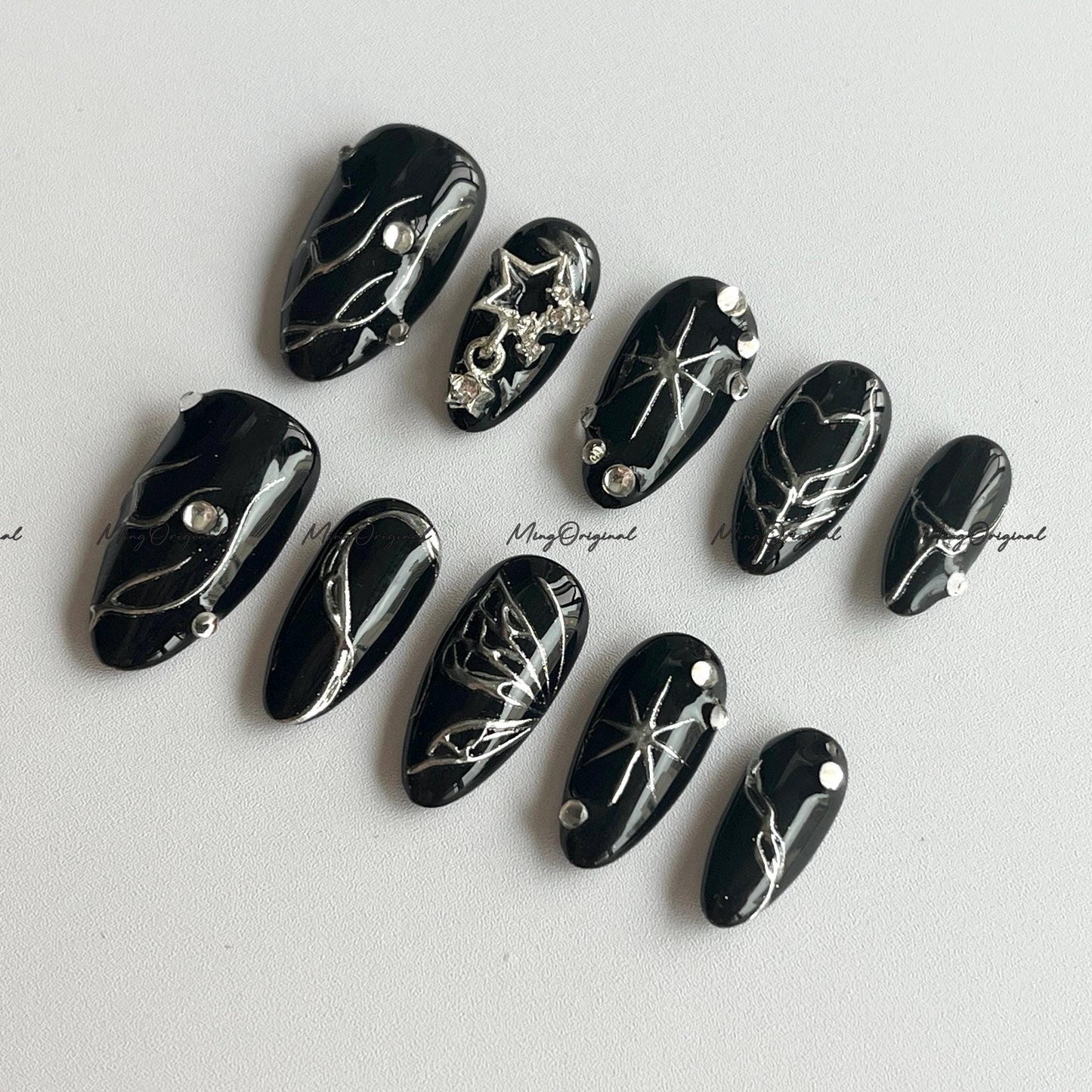 Black Silver Shiny y2k Nail press on, Handpainted Butterfly Fake nails, Chrome Metal Mirror textured nail, Luxury Handmade Nails, MO676
