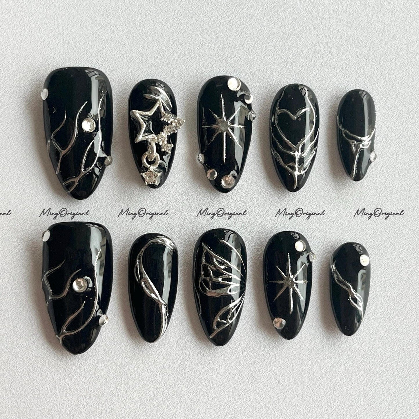 Black Silver Shiny y2k Nail press on, Handpainted Butterfly Fake nails, Chrome Metal Mirror textured nail, Luxury Handmade Nails, MO676