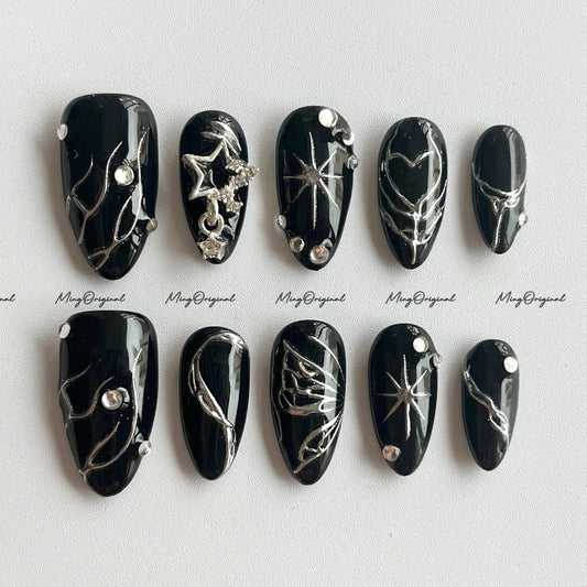 Black Silver Shiny y2k Nail press on, Handpainted Butterfly Fake nails, Chrome Metal Mirror textured nail, Luxury Handmade Nails, MO676