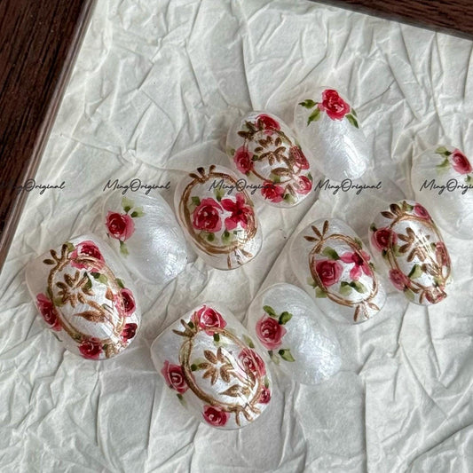 Water color vintage blooming Rose Flower nail artist art nail, gold frame pearlescent Press on Nail, Handmade gel Nails, hand painted,MO678
