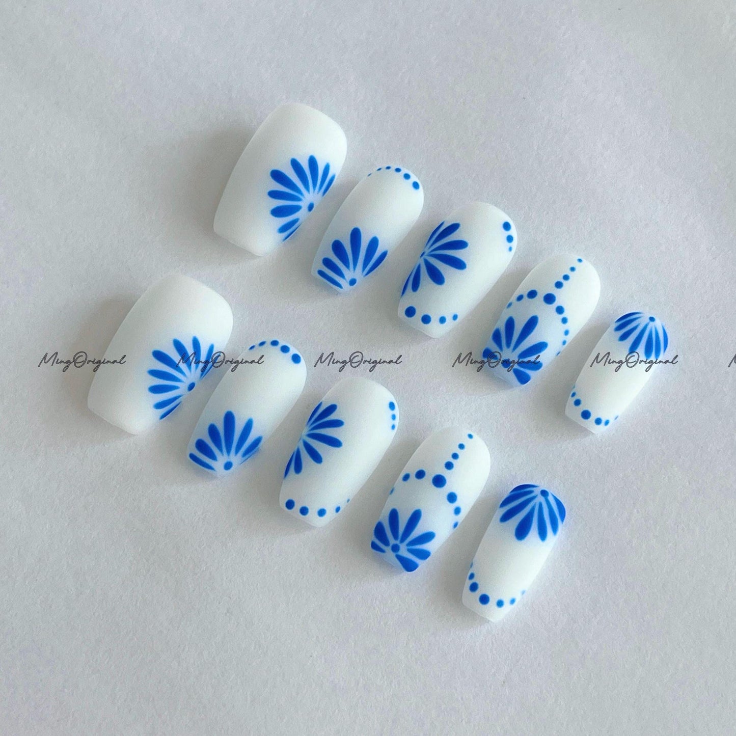 Boho Patch work milky white Nail, Blue Porcelain Pattern handpainted press on nails, simple and clean nail design, matte nail, MO679