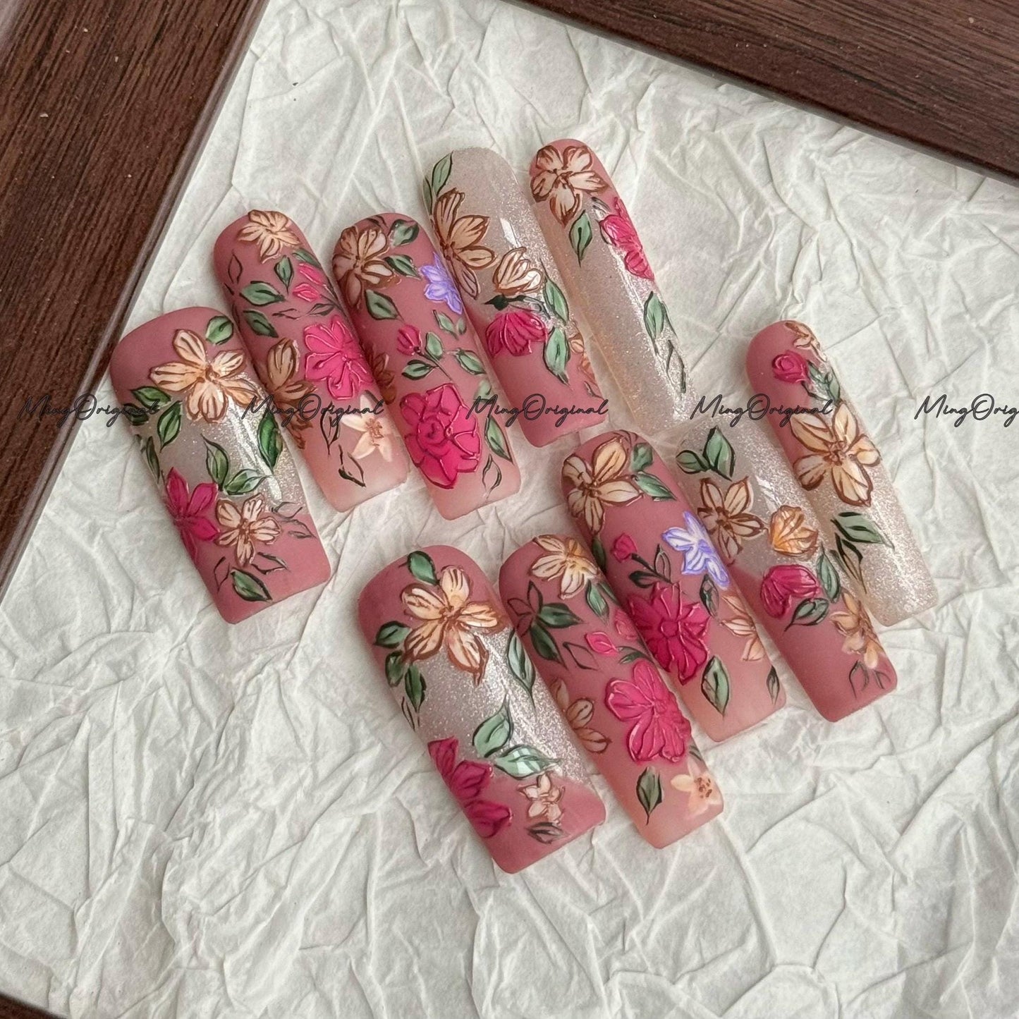 Flower Garden art nail, sculpted floral Press on Nail, autumn flower petals, glittery nail, hand painted wedding bridal floral nail, MO680