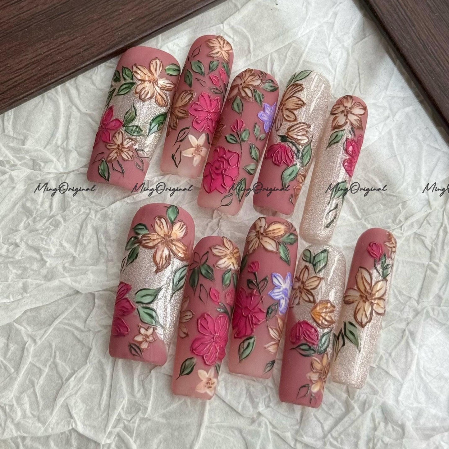 Flower Garden art nail, sculpted floral Press on Nail, autumn flower petals, glittery nail, hand painted wedding bridal floral nail, MO680