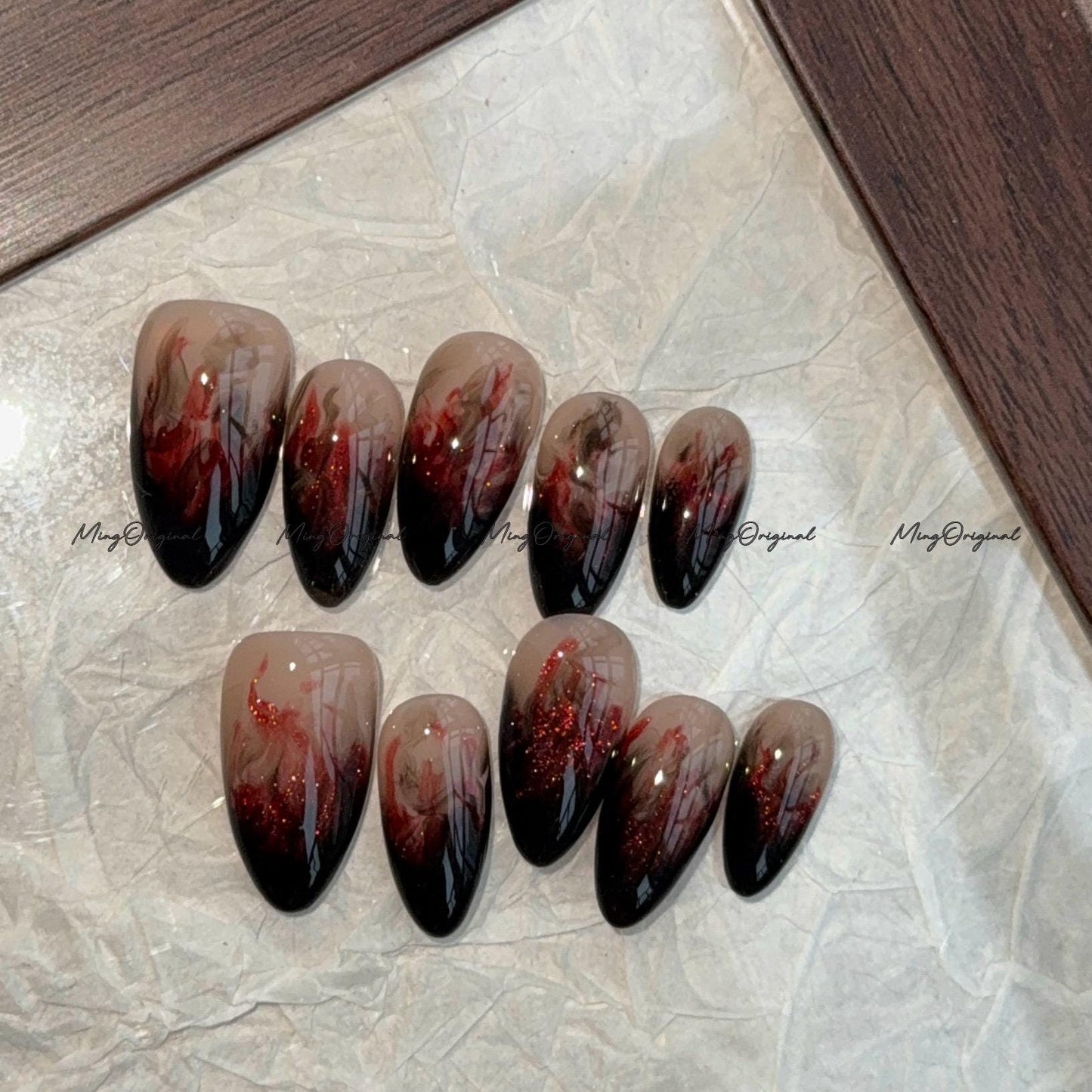 Black Bloody Flame water blooming Press on Nails, shimmering cat eye nail,ombre hand painted nail, fall winter nail,gift for her,MO687