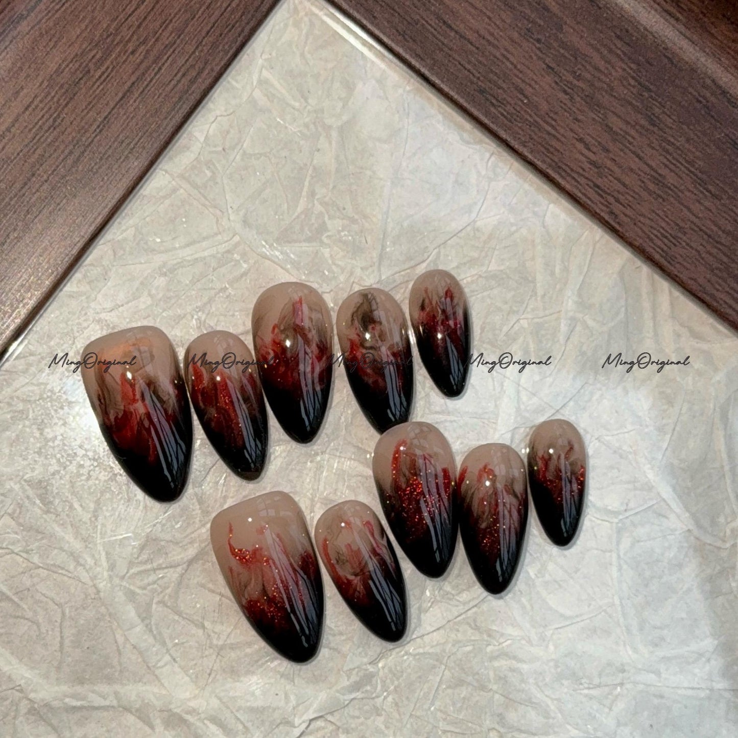 Black Bloody Flame water blooming Press on Nails, shimmering cat eye nail,ombre hand painted nail, fall winter nail,gift for her,MO687