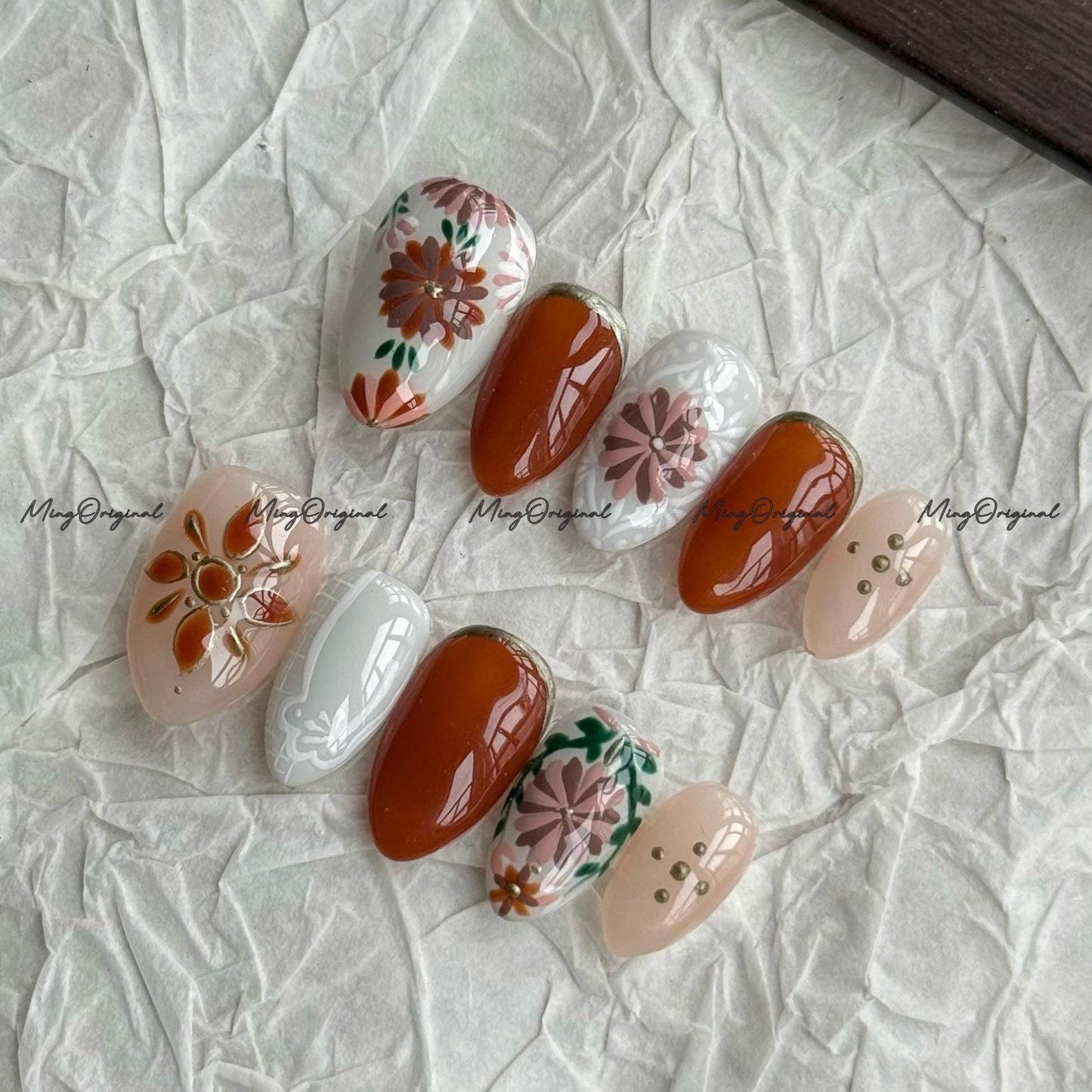 Boho Autumn Bloom Press on Nails, Hand painted floral nails, burnt orange and nude mix, fall inspired press on nails, cozy flower, MO688