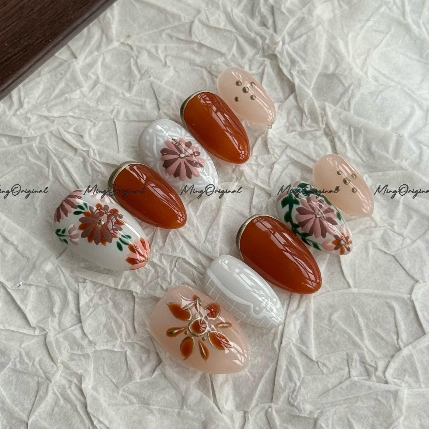 Boho Autumn Bloom Press on Nails, Hand painted floral nails, burnt orange and nude mix, fall inspired press on nails, cozy flower, MO688