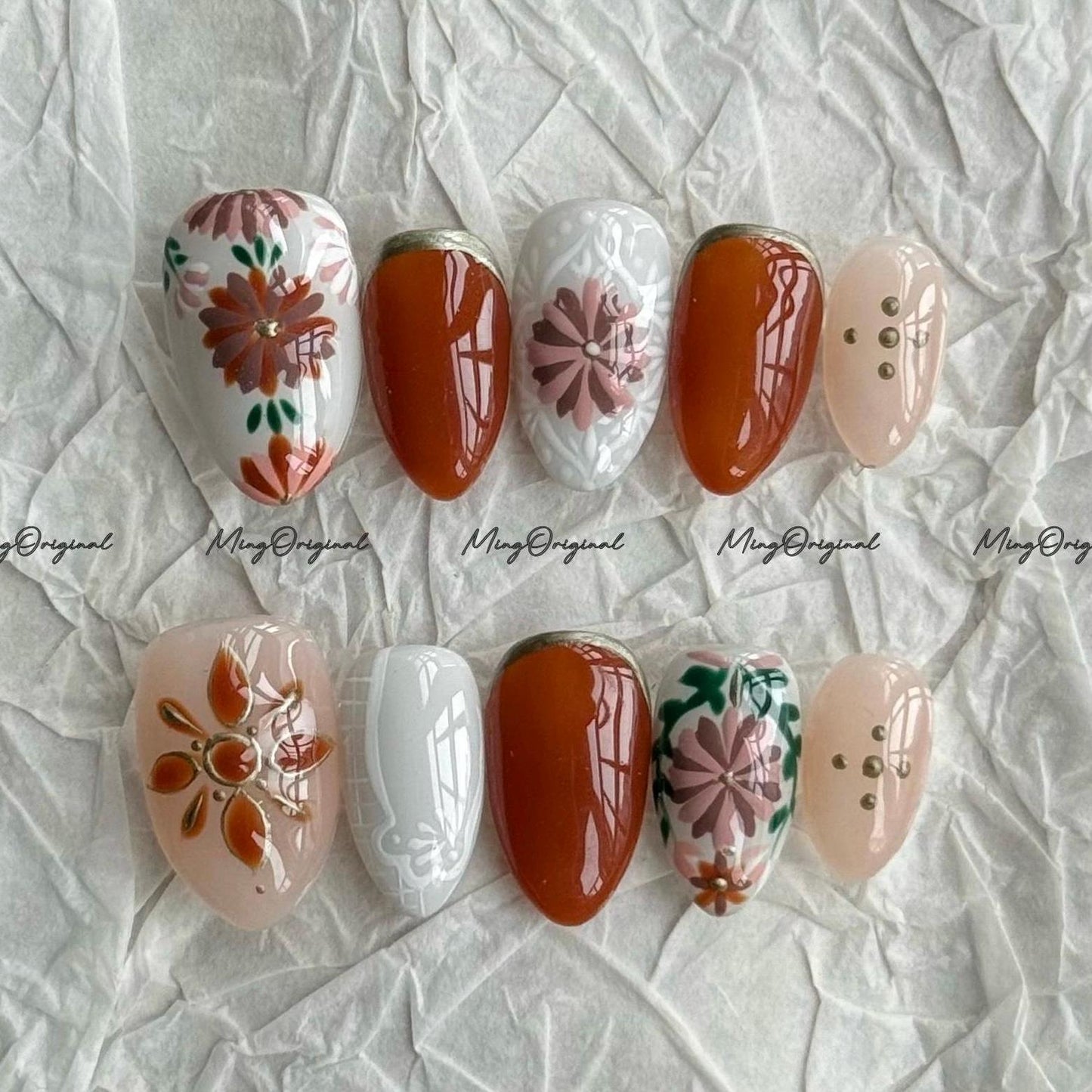 Boho Autumn Bloom Press on Nails, Hand painted floral nails, burnt orange and nude mix, fall inspired press on nails, cozy flower, MO688