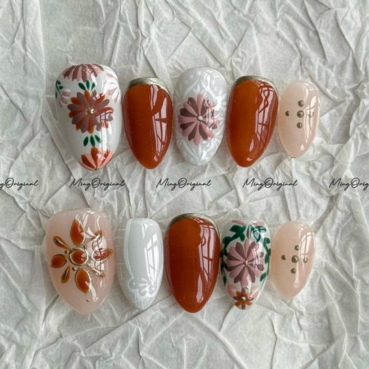 Boho Autumn Bloom Press on Nails, Hand painted floral nails, burnt orange and nude mix, fall inspired press on nails, cozy flower, MO688