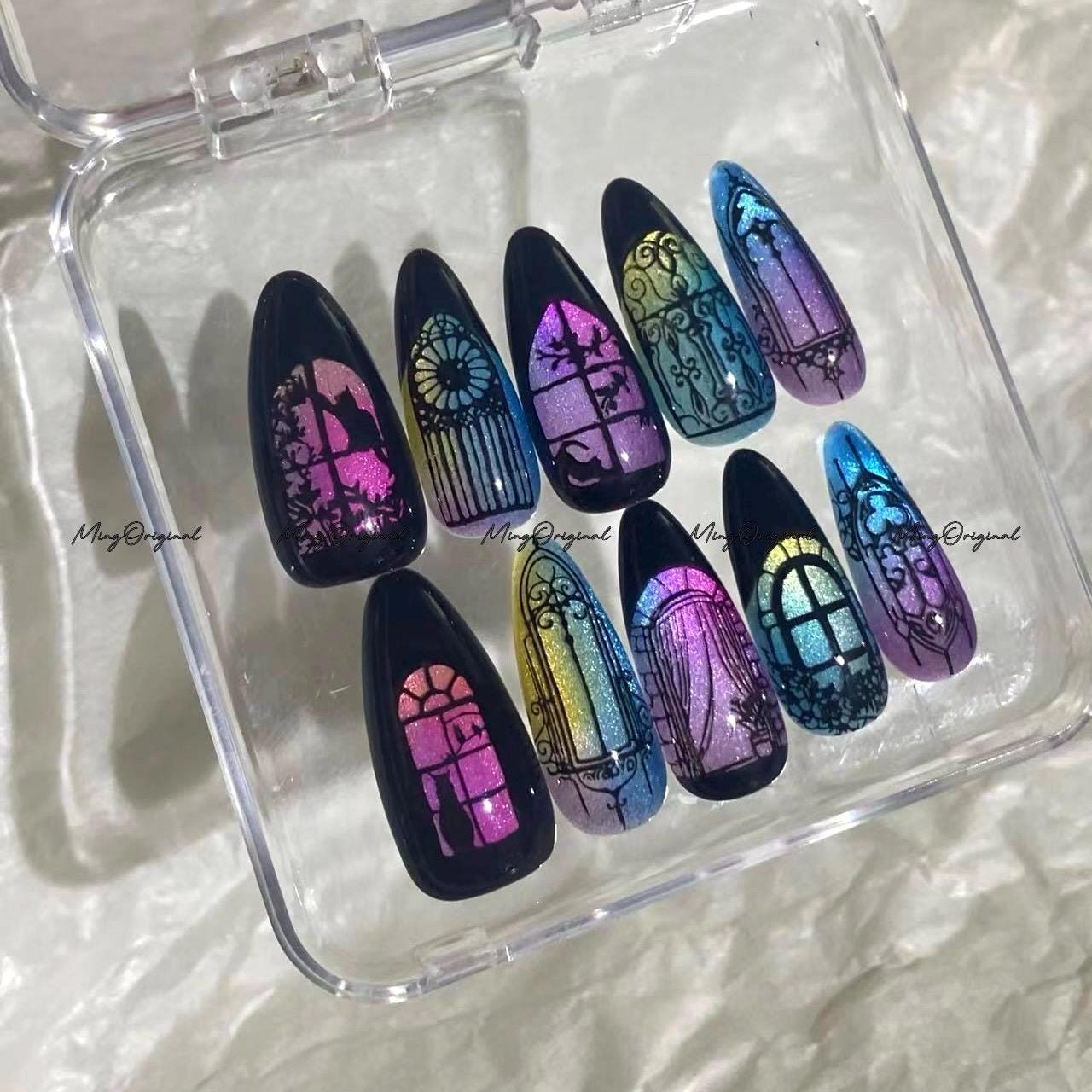 Black Stained Glass Window Glittery press on nails, Sparkling Cat Eye, Retro Shadow hand painted nail, gift for her, MO683