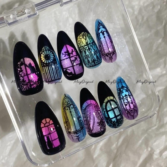 Black Stained Glass Window Glittery press on nails, Sparkling Cat Eye, Retro Shadow hand painted nail, gift for her, MO683