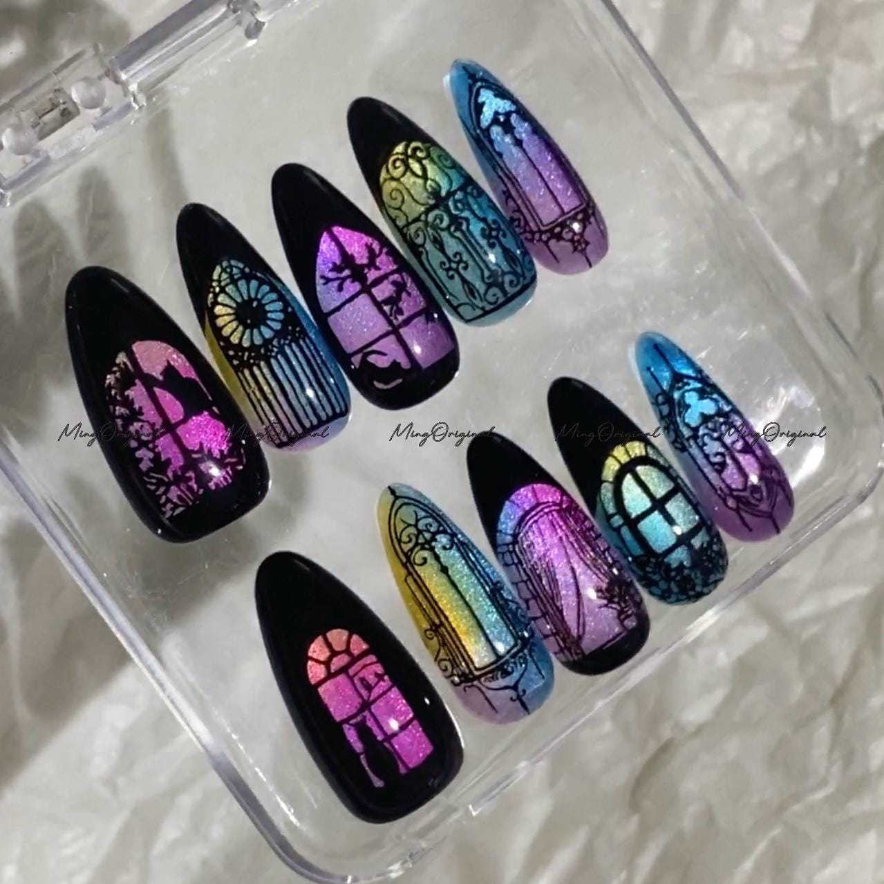 Black Stained Glass Window Glittery press on nails, Sparkling Cat Eye, Retro Shadow hand painted nail, gift for her, MO683