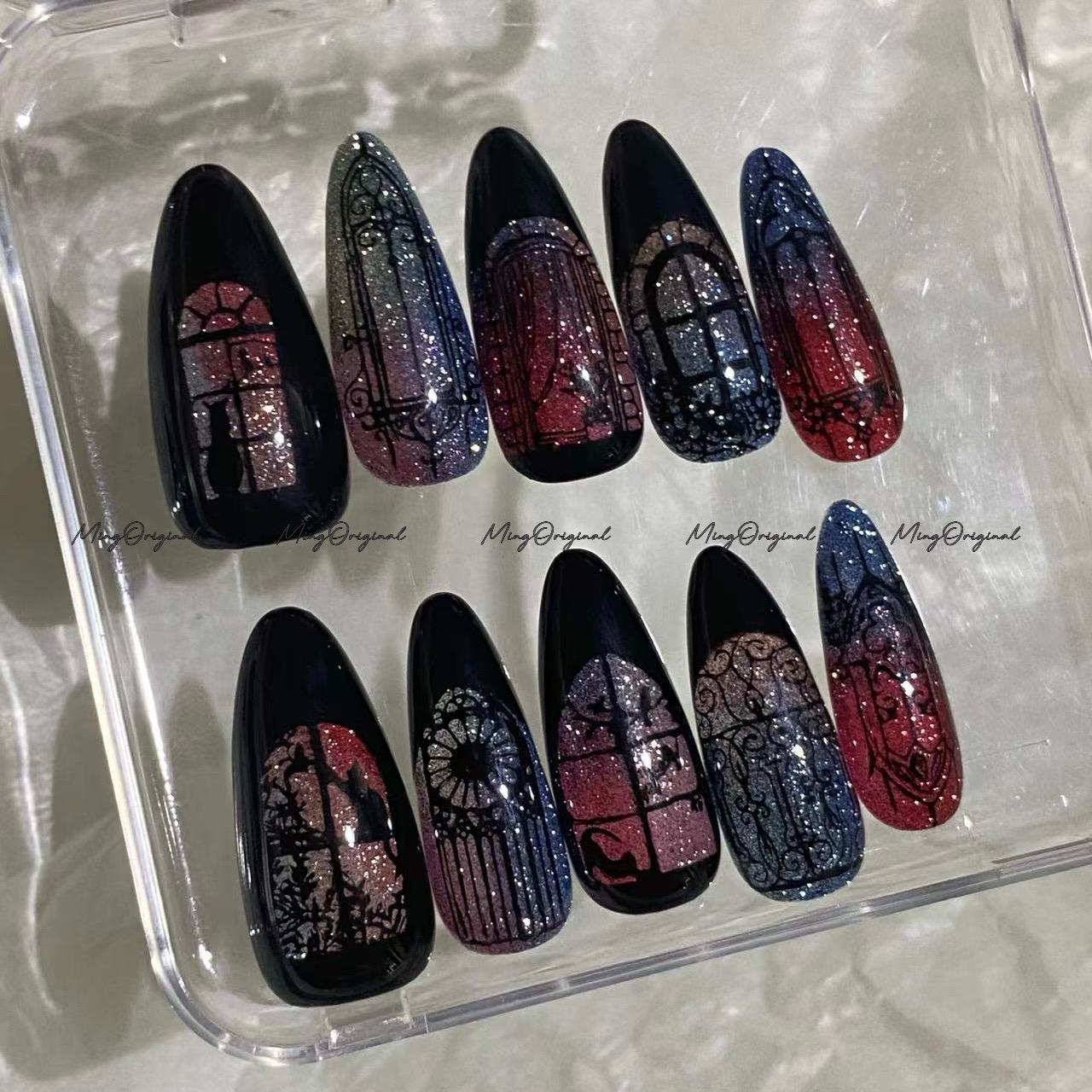 Black Stained Glass Window Glittery press on nails, Sparkling Diamond Reflective, Retro Shadow hand painted nail, gift for her, MO684
