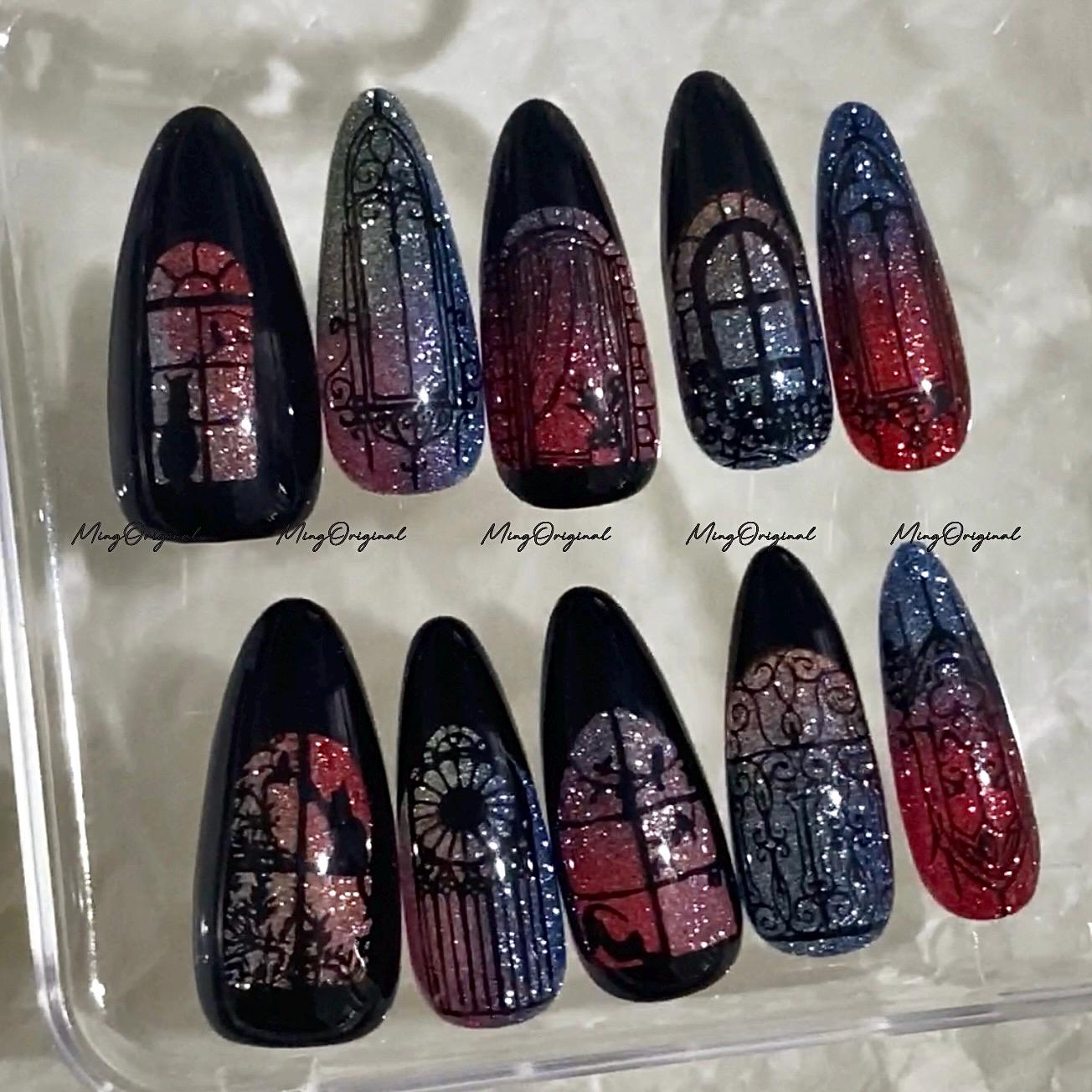 Black Stained Glass Window Glittery press on nails, Sparkling Diamond Reflective, Retro Shadow hand painted nail, gift for her, MO684