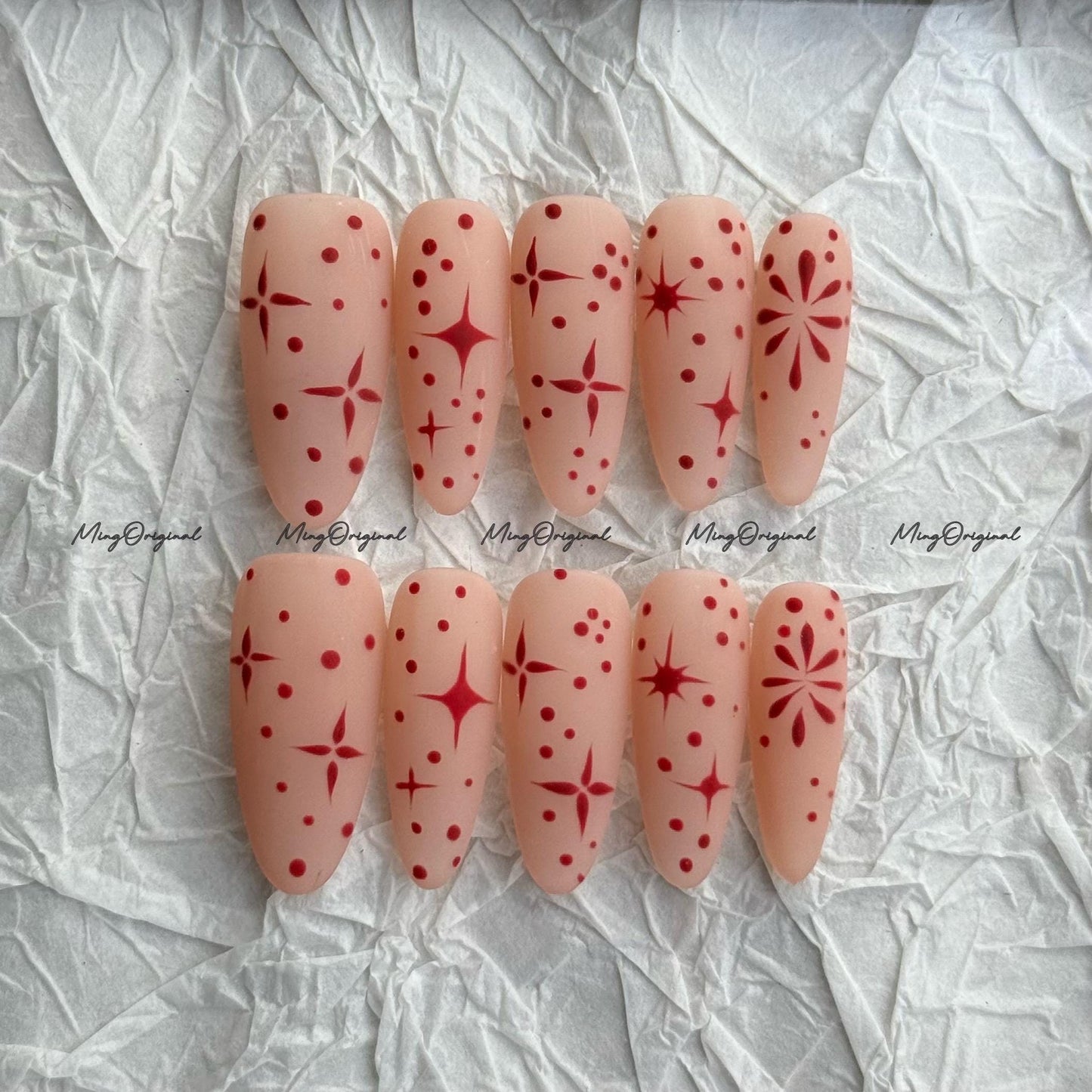 Red Starry Nails | Matte Nude Base, Red Starburst, Polka Dot Accents, Handpainted Press-On Set, MO690