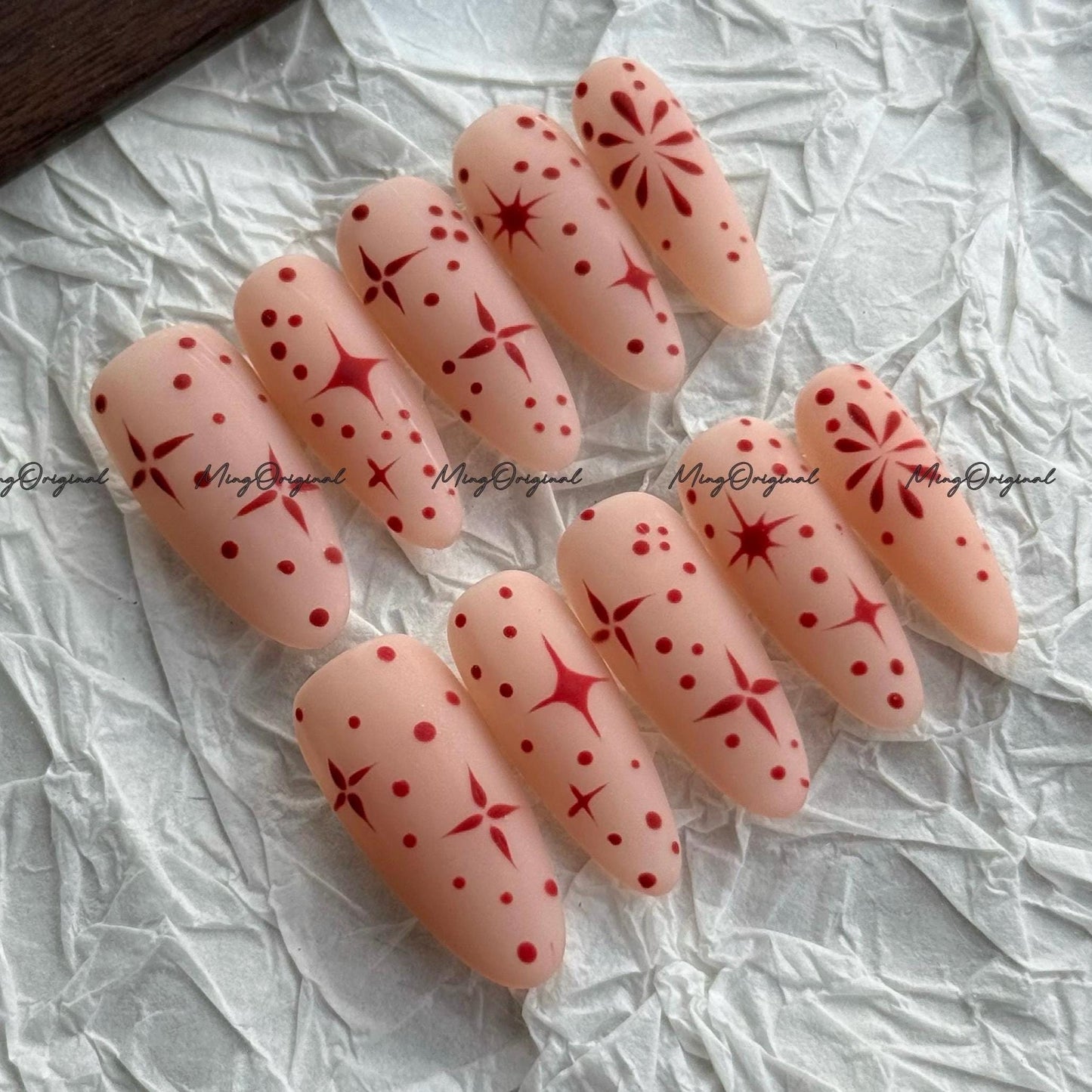 Red Starry Nails | Matte Nude Base, Red Starburst, Polka Dot Accents, Handpainted Press-On Set, MO690