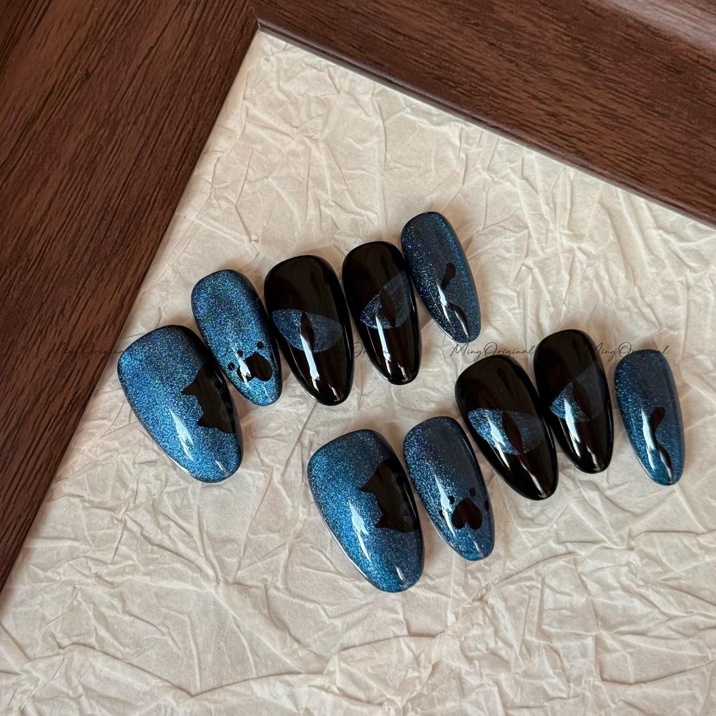 Shadow Eclipse | Black Cat Eye Nails, Deep Blue Magnetic Glow, Abstract Half Moon Design, Handcrafted Press-On Set,MO691