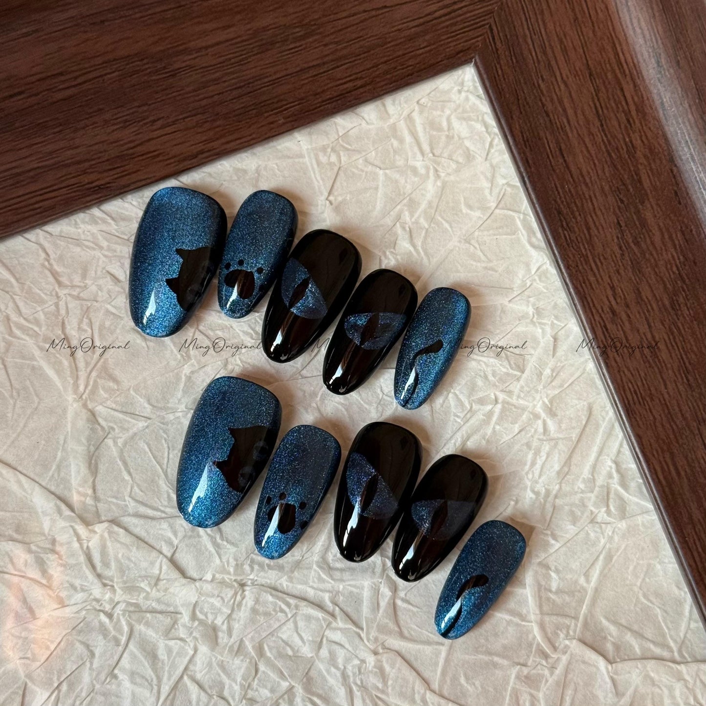 Shadow Eclipse | Black Cat Eye Nails, Deep Blue Magnetic Glow, Abstract Half Moon Design, Handcrafted Press-On Set,MO691
