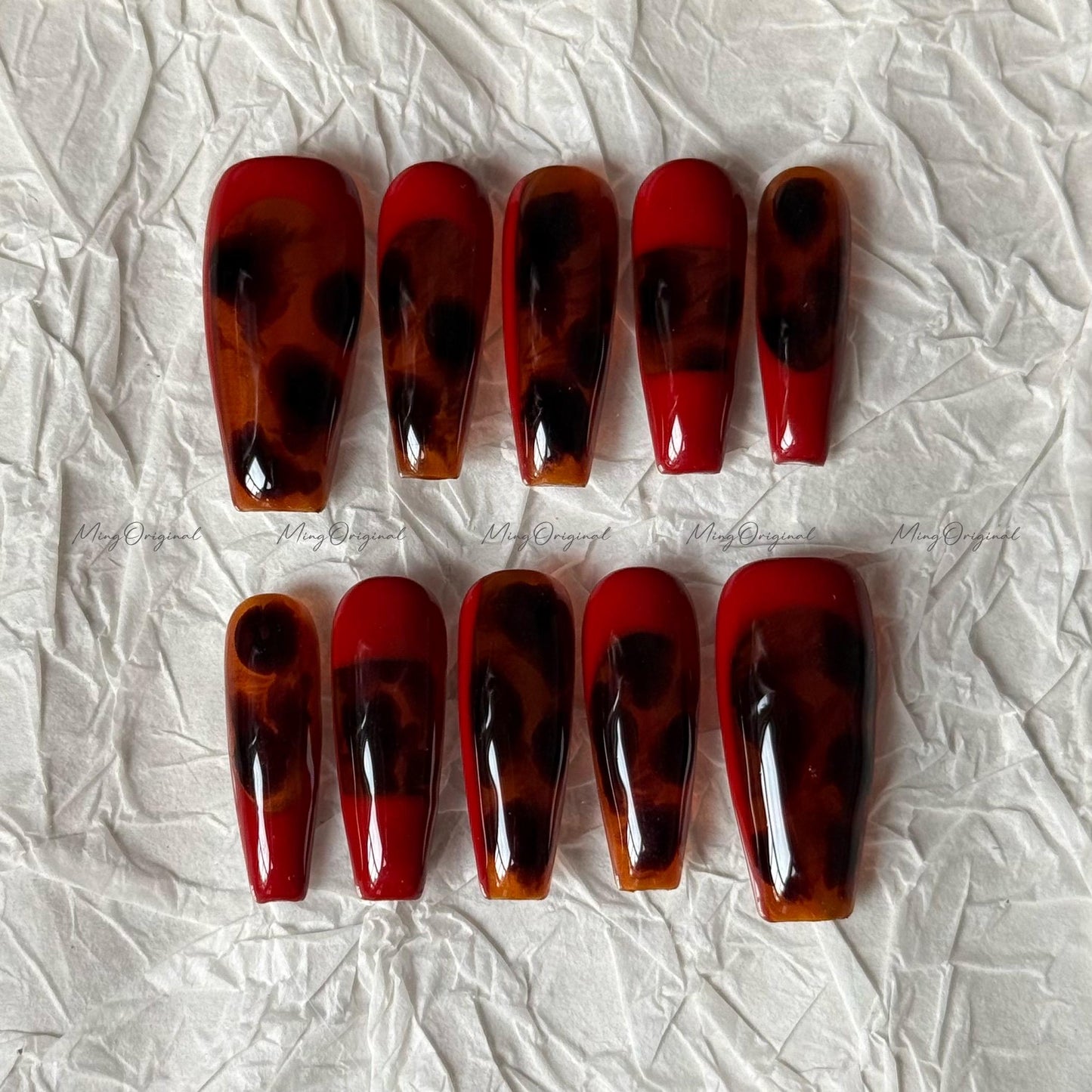 Tortoise Shell Amber water blooming Press on Nails, Blue Abstract handmade Nails, Jelly hand painted nail, fall winter nail