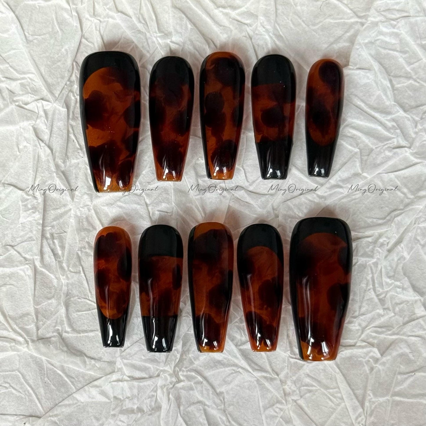 Tortoise Shell Amber water blooming Press on Nails, Blue Abstract handmade Nails, Jelly hand painted nail, fall winter nail