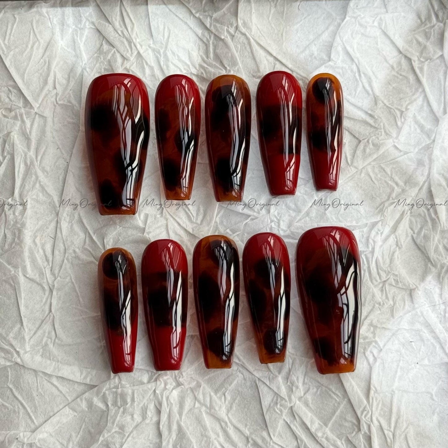 Tortoise Shell Amber water blooming Press on Nails, Blue Abstract handmade Nails, Jelly hand painted nail, fall winter nail