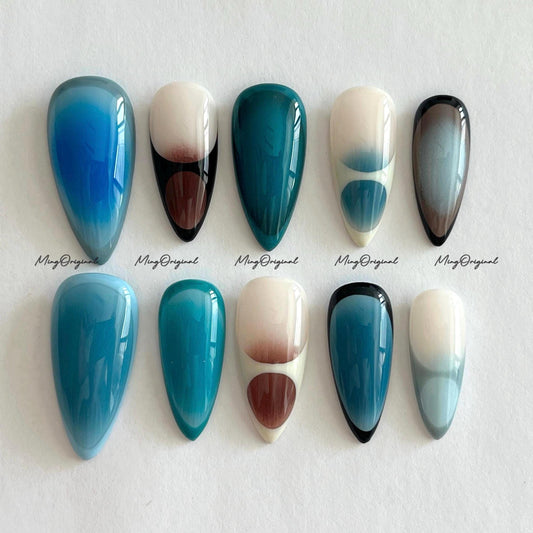 Free style funky blue hue aura airbrush press on nails, ombre color matching, blue tone blush nail, abstract french nail, gift for her,MO686