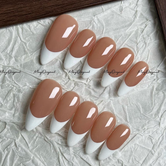 Classic white french tip natural press on nail, Premium Hand paint Nails, Fake nails, Handmade milky jelly nail, gift for her, MO693