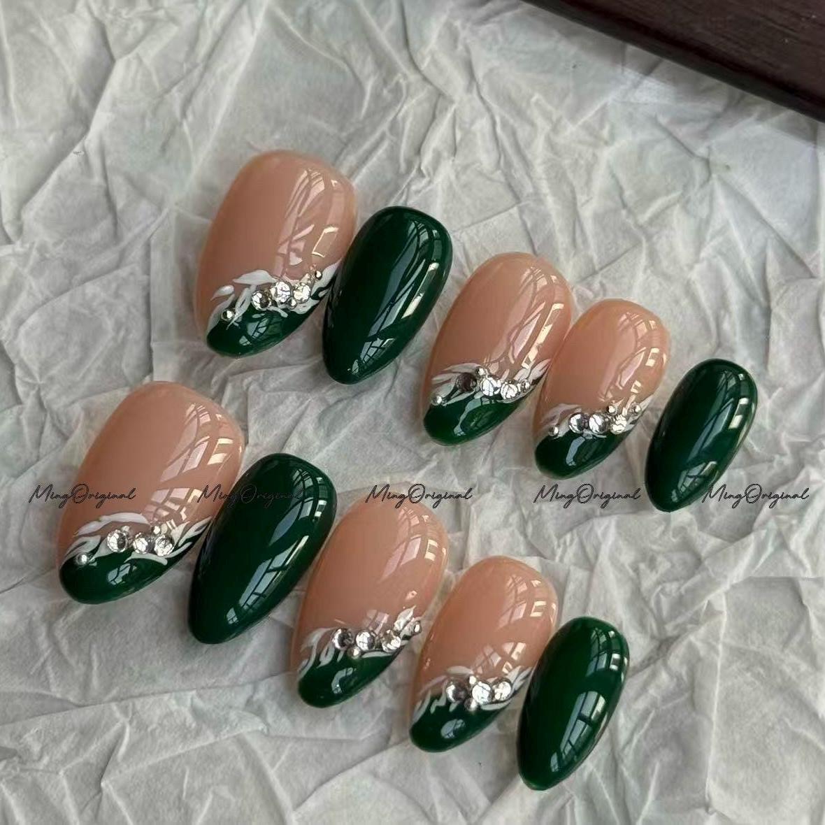 Natural Christmas Emerald Floral Press on Nail, Green Abstract Design, Handpainted Flower Nail, Holiday Fake Nails, Nude Nail, MO695
