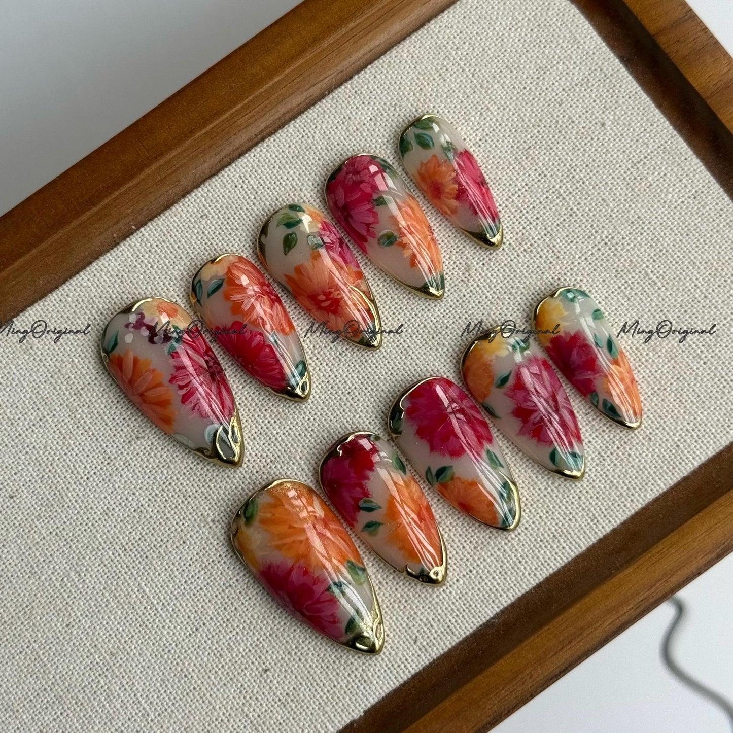 Milk Bath Floral Bloom hand-painted press on nails, pink and orange flowers, gold accents, reusable nail set, art nail, MO696