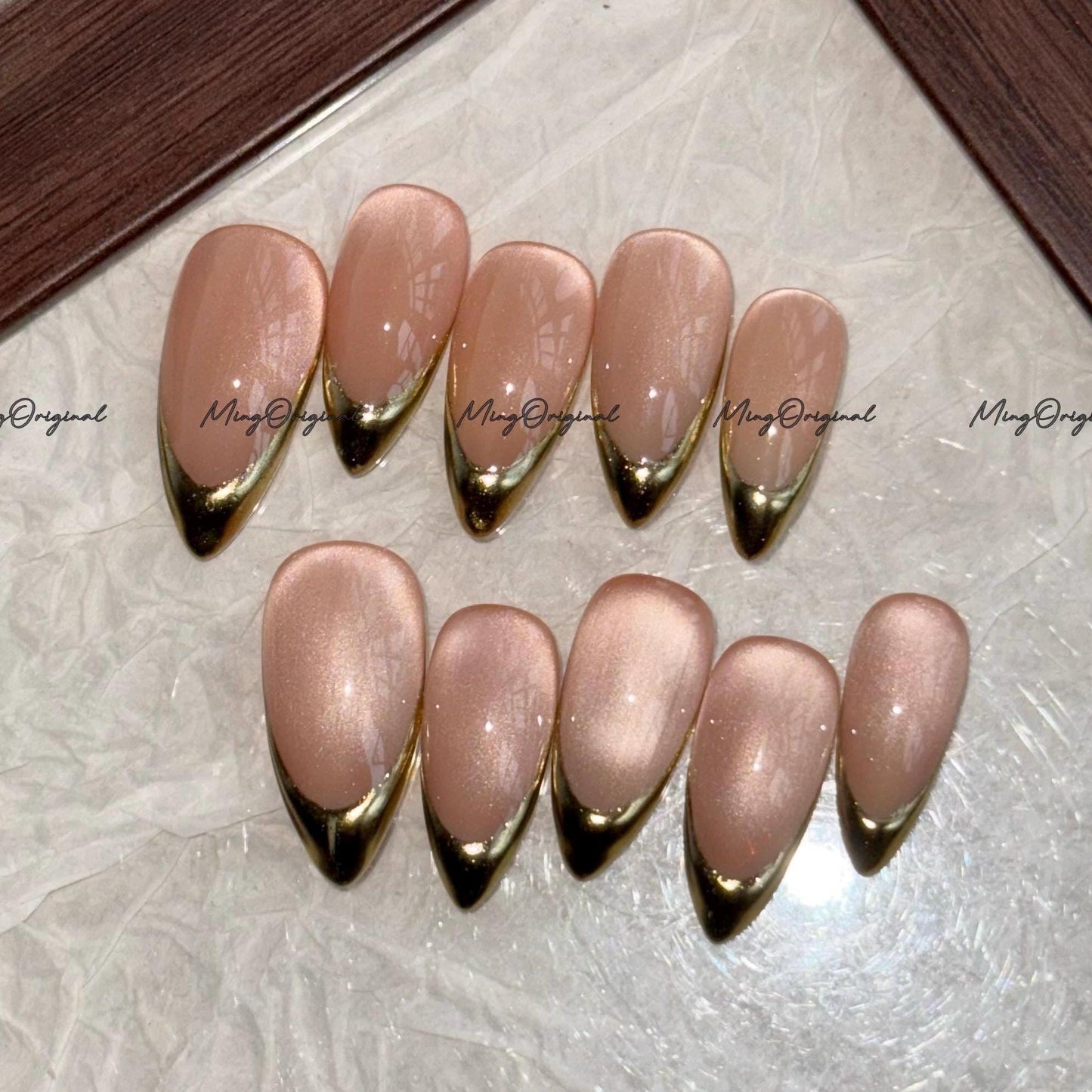 Gold Chrome Tip Press on Nails, Nude Cat Eye Classy French Tip Gold Mirror Chrome hand painted fake Nails,Everyday nail, glue on nail, MO697