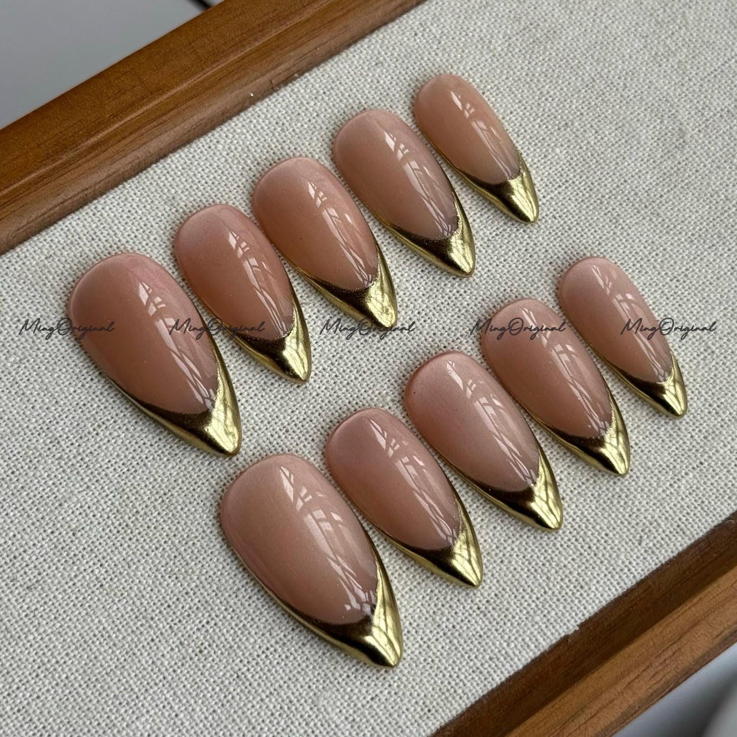 Gold Chrome Tip Press on Nails, Nude Cat Eye Classy French Tip Gold Mirror Chrome hand painted fake Nails,Everyday nail, glue on nail, MO697