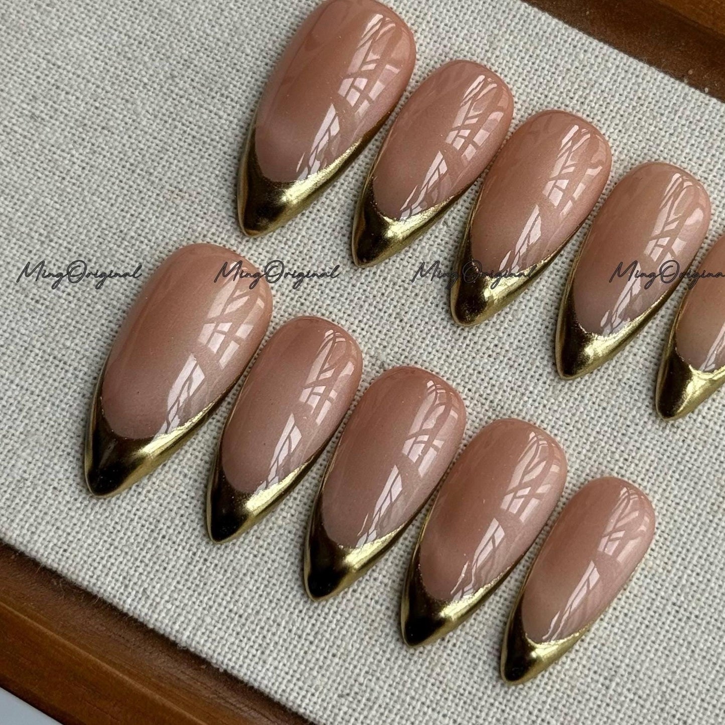 Gold Chrome Tip Press on Nails, Nude Cat Eye Classy French Tip Gold Mirror Chrome hand painted fake Nails,Everyday nail, glue on nail, MO697
