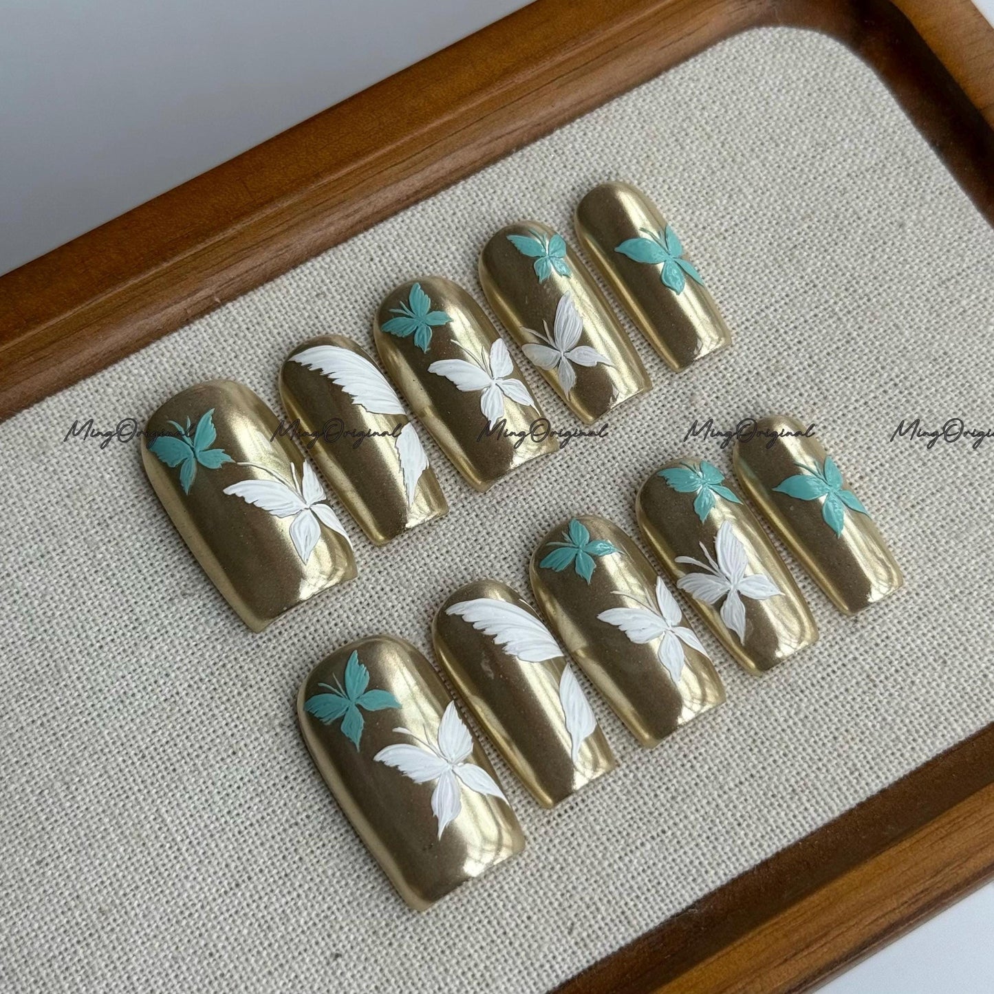 Gilded Wings | gold and teal butterfly press on nails, Gold Mirror Chrome, hand-painted nail art, elegant design, MO698