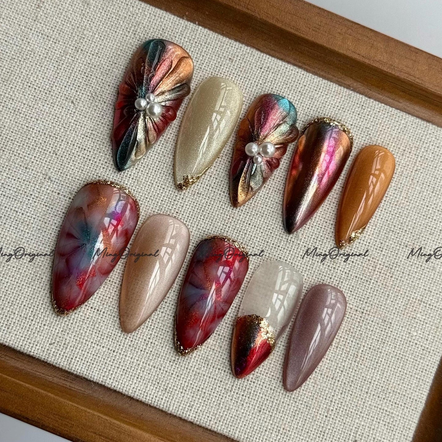Metallic Red and Gold Nails, Pearl Accent Press On Nails, Cozy Winter Nail Set, Iridescent Chrome Nails, Elegant Winter Nail, MO699