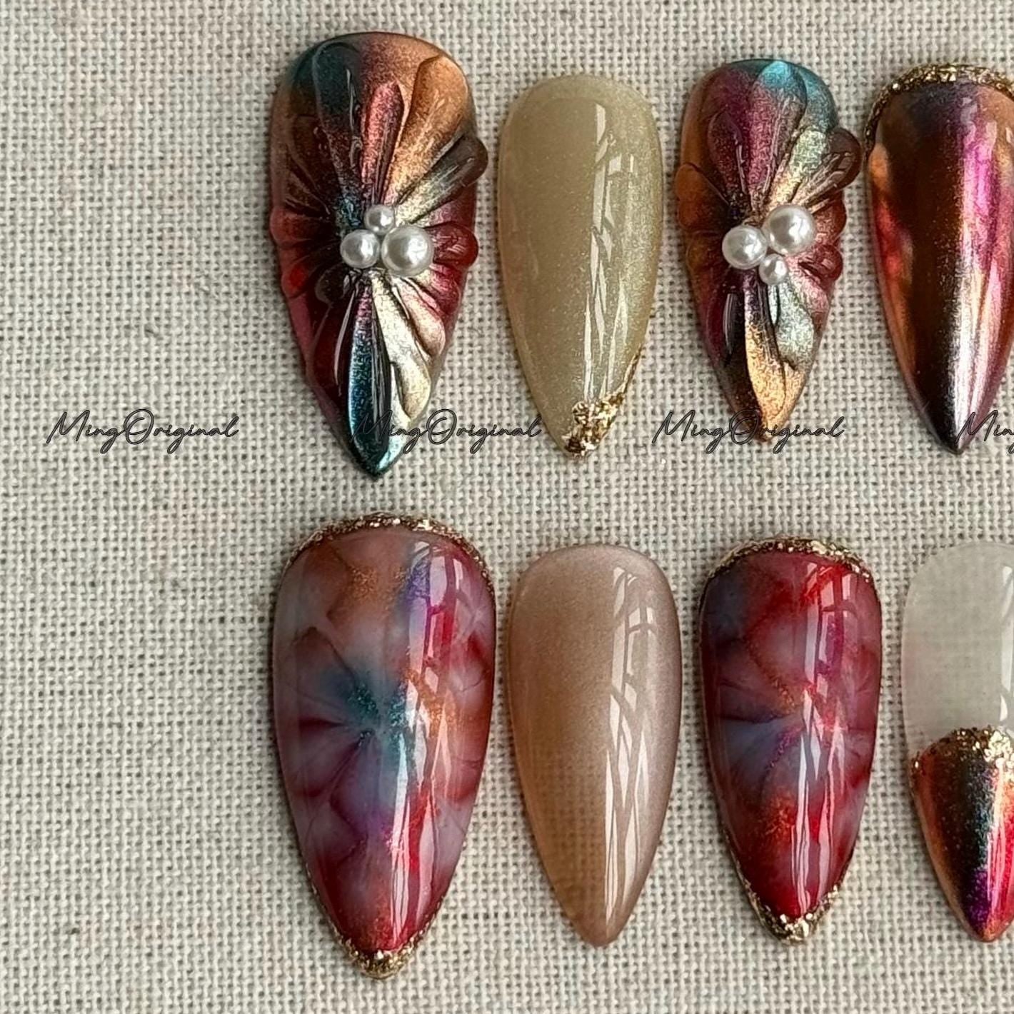 Metallic Red and Gold Nails, Pearl Accent Press On Nails, Cozy Winter Nail Set, Iridescent Chrome Nails, Elegant Winter Nail, MO699