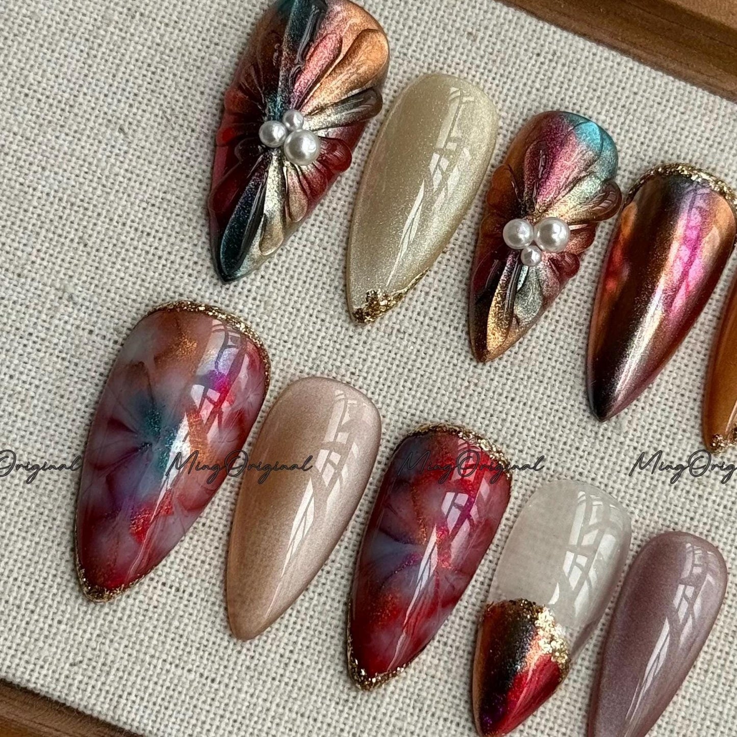 Metallic Red and Gold Nails, Pearl Accent Press On Nails, Cozy Winter Nail Set, Iridescent Chrome Nails, Elegant Winter Nail, MO699