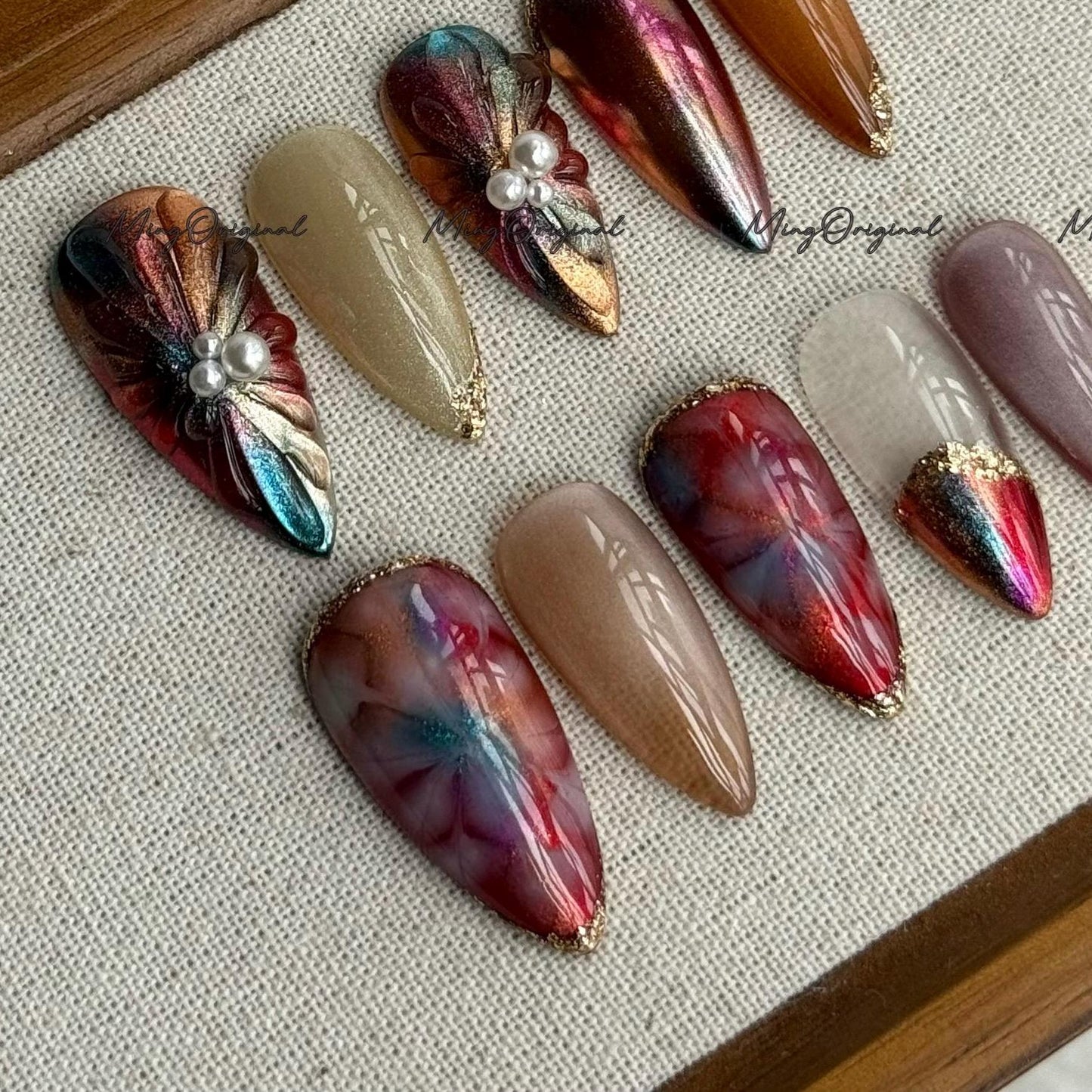 Metallic Red and Gold Nails, Pearl Accent Press On Nails, Cozy Winter Nail Set, Iridescent Chrome Nails, Elegant Winter Nail, MO699