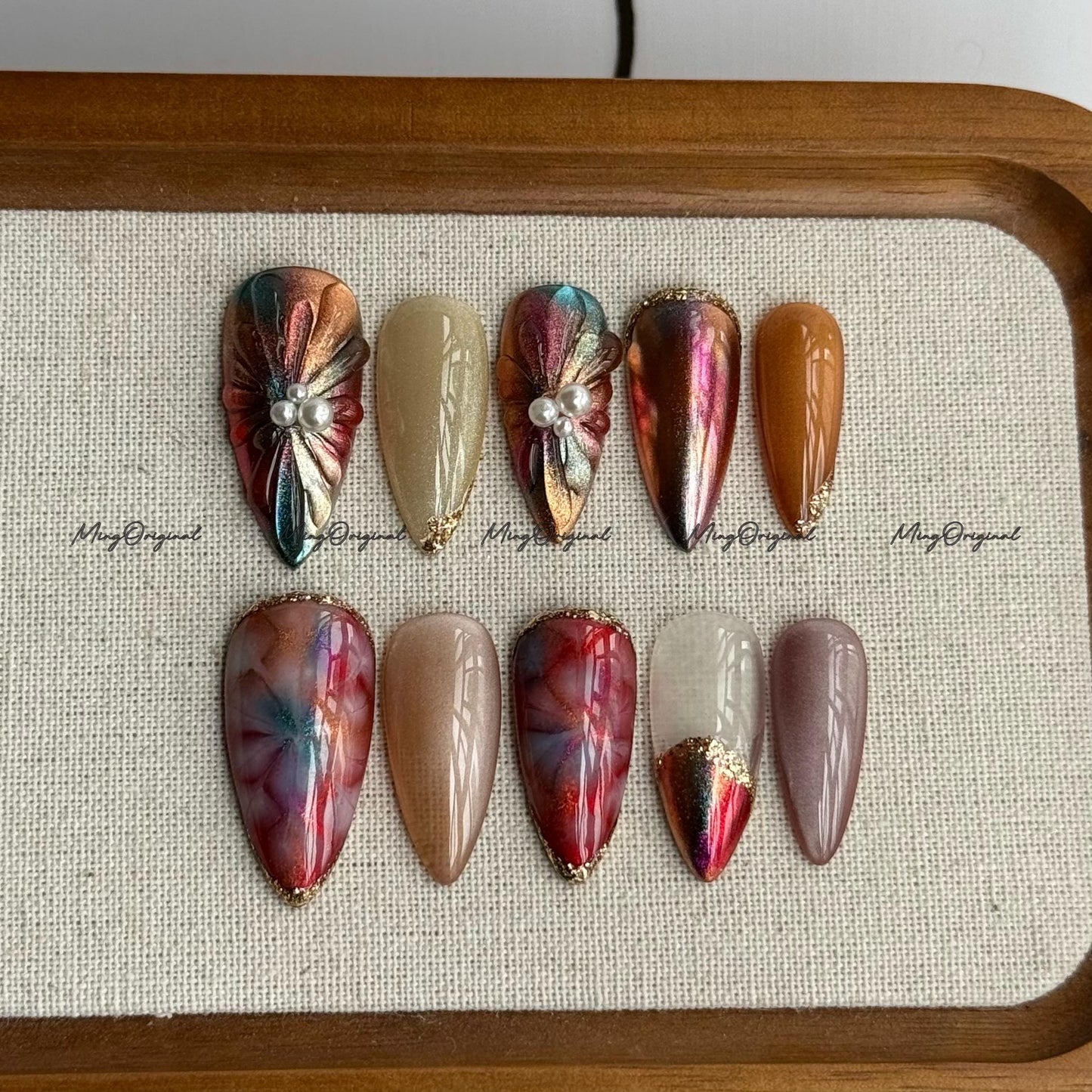 Metallic Red and Gold Nails, Pearl Accent Press On Nails, Cozy Winter Nail Set, Iridescent Chrome Nails, Elegant Winter Nail, MO699