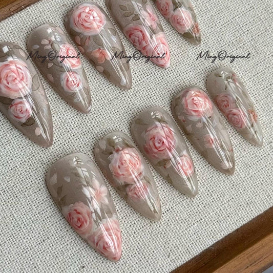 Water Color Pink Rose Flower Press on Nail, Cat Eye Nail, Art Nail, Vintage Blooming Handmade Gel Nails, custom hand painted nail, MO700