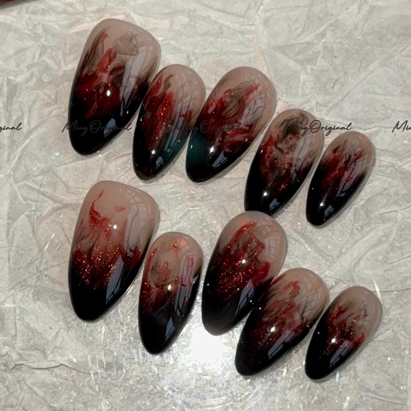 Black Bloody Flame water blooming Press on Nails, shimmering cat eye nail,ombre hand painted nail, fall winter nail,gift for her,MO687